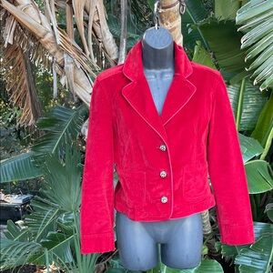 Fitted red velvet blazer with rhinestone buttons